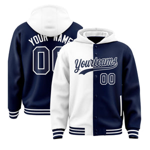 Custom White Navy Split Fashion Varsity Full-Snap Letterman Two Tone Hoodie Jacket