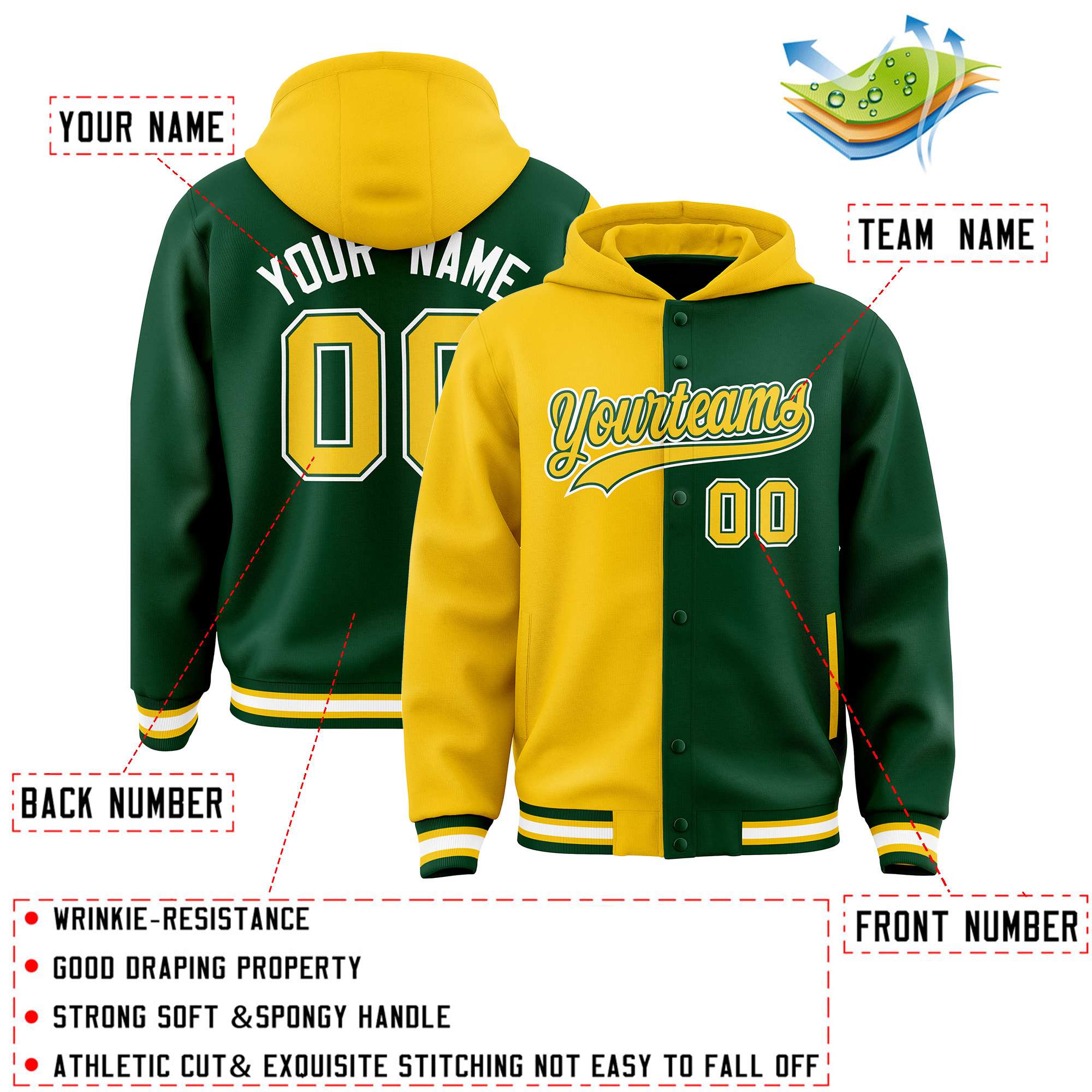 Custom Gold Green Split Fashion Varsity Full-Snap Letterman Two Tone Hoodie Jacket