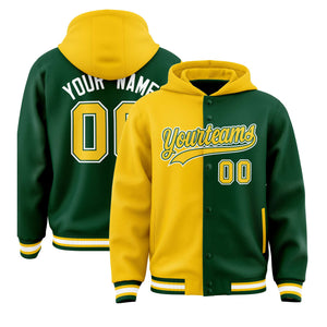 Custom Gold Green Split Fashion Varsity Full-Snap Letterman Two Tone Hoodie Jacket