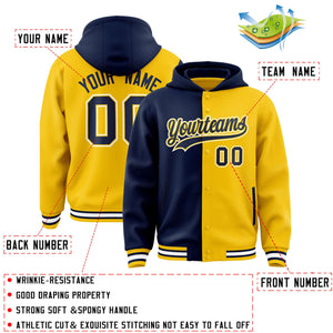 Custom Navy Gold Split Fashion Varsity Full-Snap Letterman Two Tone Hoodie Jacket