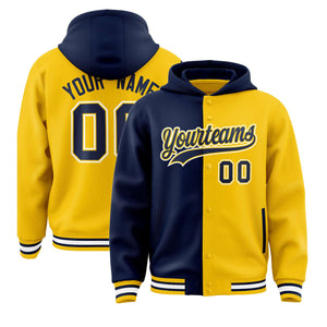 Custom Navy Gold Split Fashion Varsity Full-Snap Letterman Two Tone Hoodie Jacket