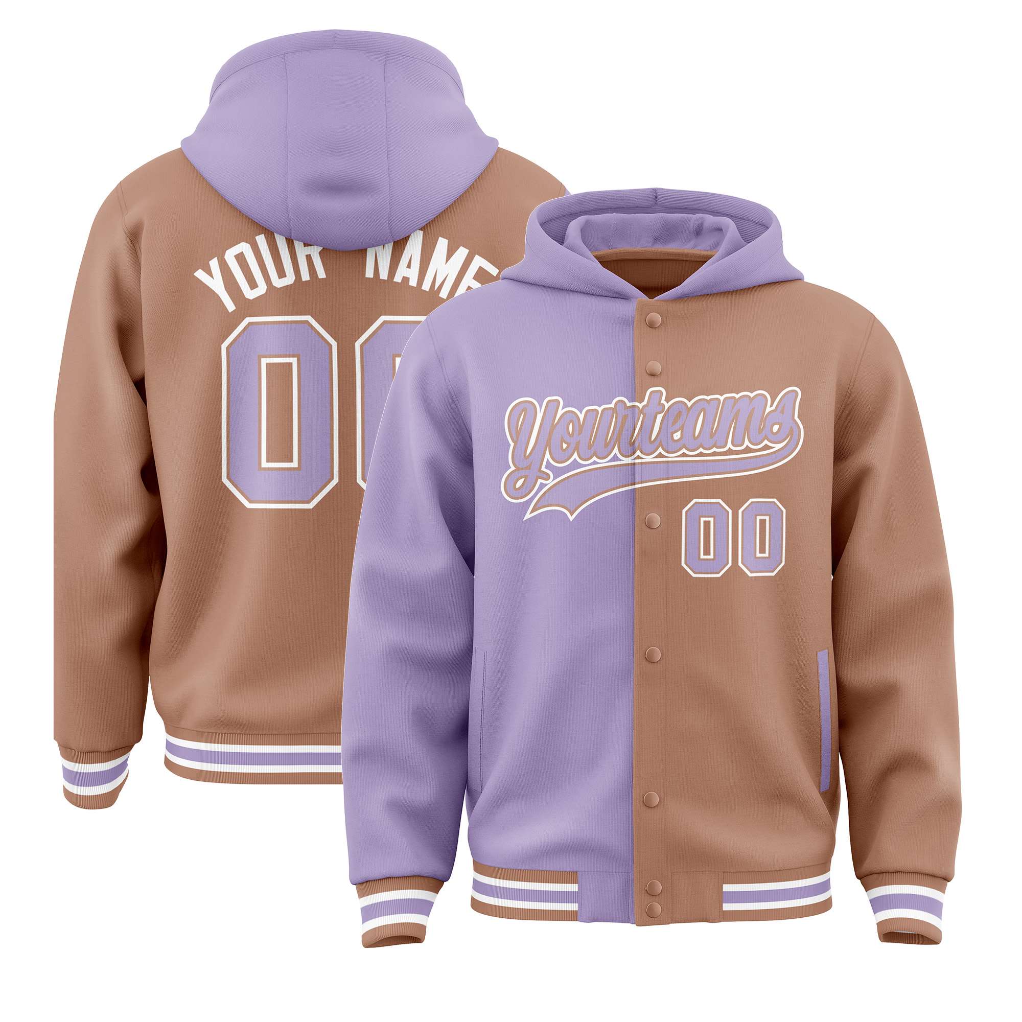 Custom Light Purple Light Brown Split Fashion Varsity Full-Snap Letterman Two Tone Hoodie Jacket