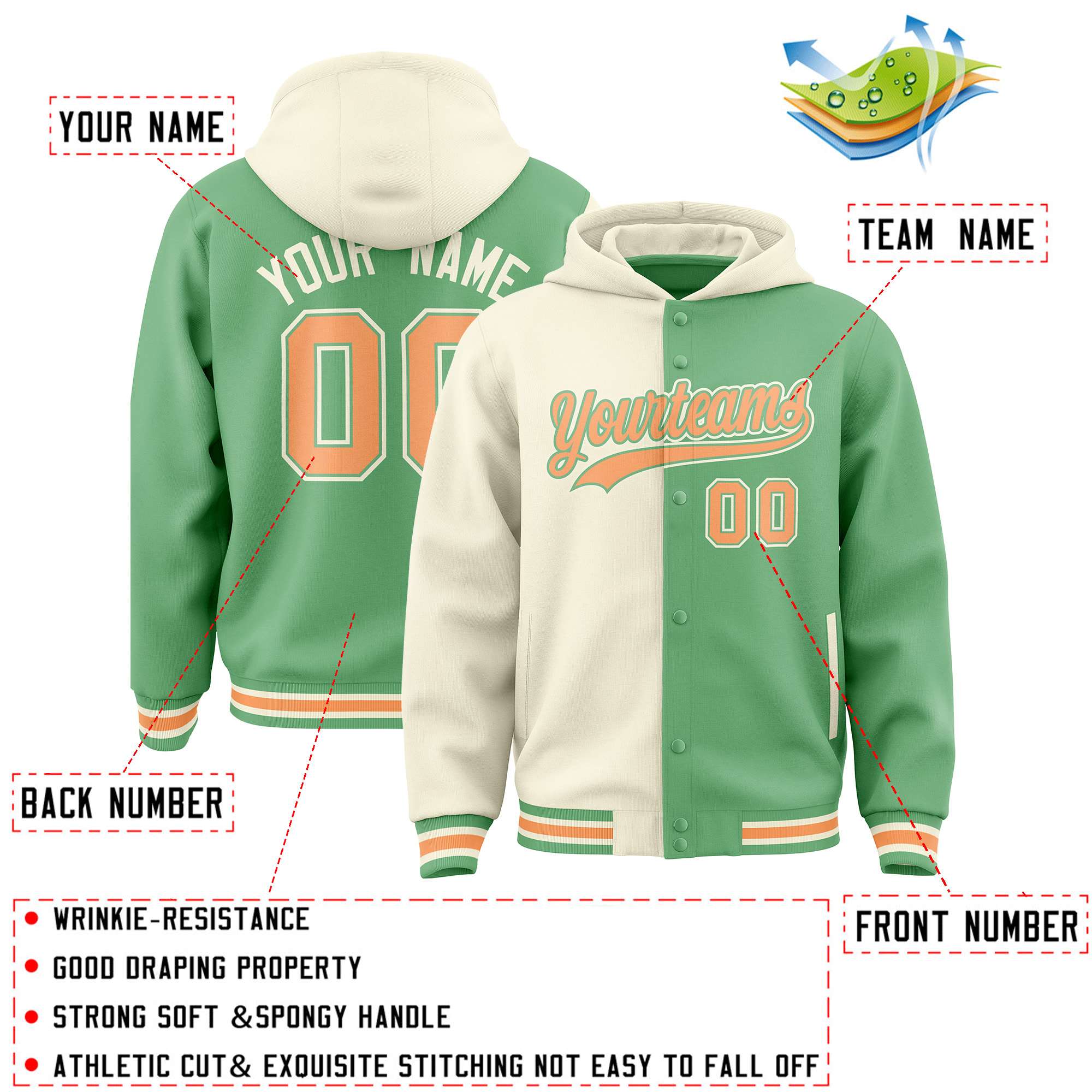 Custom Cream Green Split Fashion Varsity Full-Snap Letterman Two Tone Hoodie Jacket