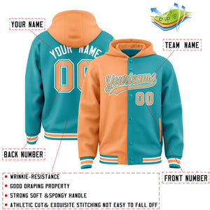 Custom Orange Aqua Split Fashion Varsity Full-Snap Letterman Two Tone Hoodie Jacket