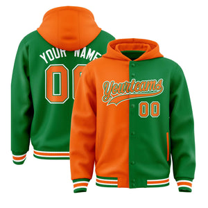 Custom Orange Kelly Green Split Fashion Varsity Full-Snap Letterman Two Tone Hoodie Jacket