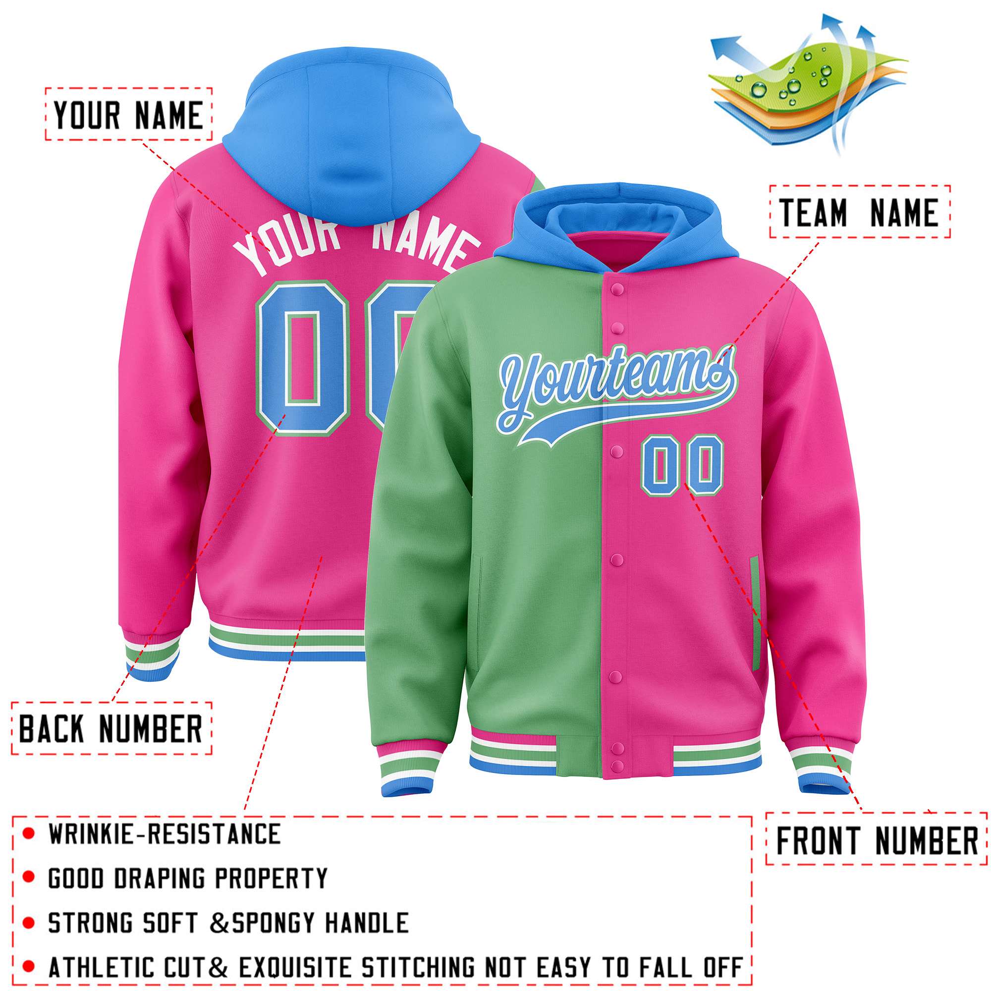 Custom Green Pink Split Fashion Varsity Full-Snap Letterman Two Tone Hoodie Jacket