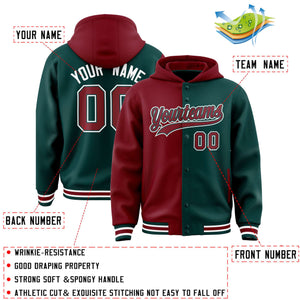 Custom Crimson Midnight Green Split Fashion Varsity Full-Snap Letterman Two Tone Hoodie Jacket