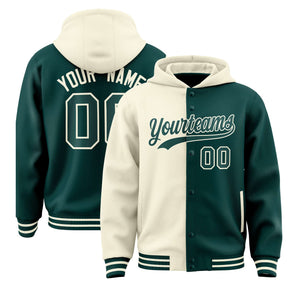 Custom Cream Midnight Green Split Fashion Varsity Full-Snap Letterman Two Tone Hoodie Jacket