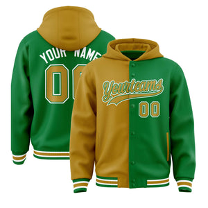 Custom Old Gold Kelly Green Split Fashion Varsity Full-Snap Letterman Two Tone Hoodie Jacket