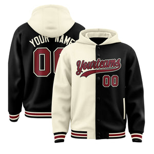 Custom Cream Black Split Fashion Varsity Full-Snap Letterman Two Tone Hoodie Jacket