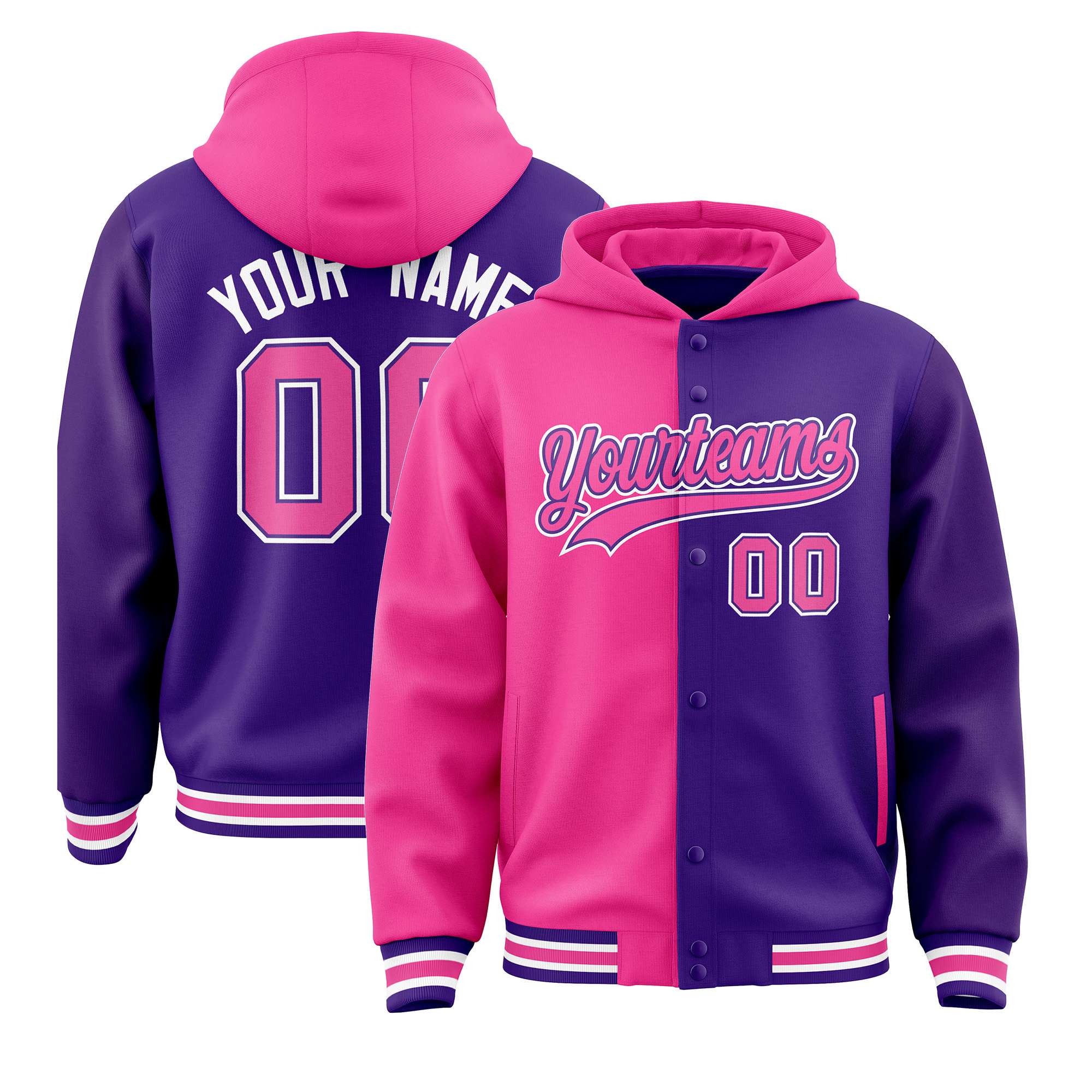 Custom Pink Purple Split Fashion Varsity Full-Snap Letterman Two Tone Hoodie Jacket