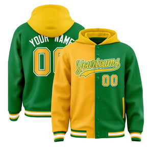 Custom Gold Kelly Green Split Fashion Varsity Full-Snap Letterman Two Tone Hoodie Jacket