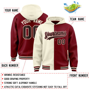 Custom Cream Crimson Split Fashion Varsity Full-Snap Letterman Two Tone Hoodie Jacket