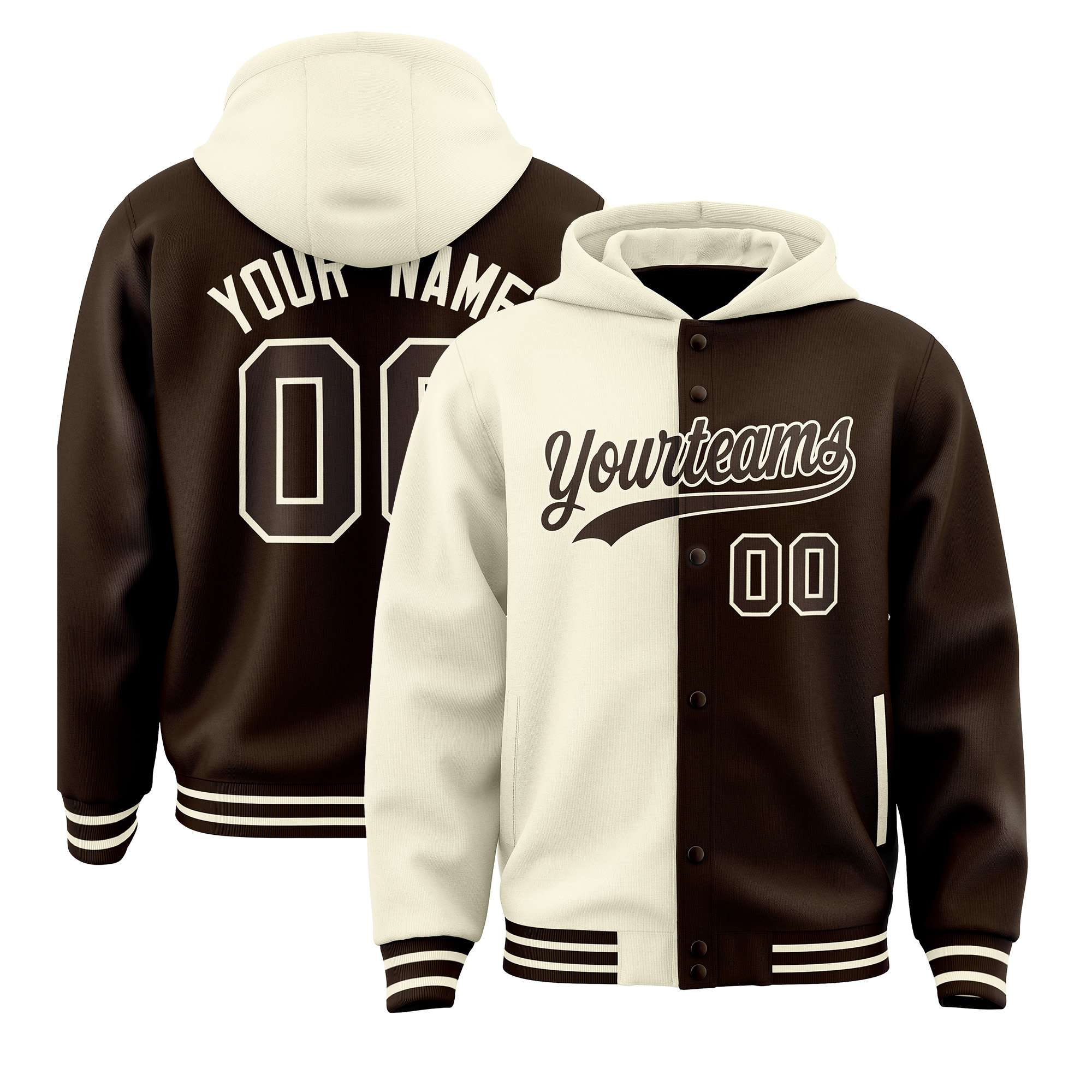 Custom Cream Brown Split Fashion Varsity Full-Snap Letterman Two Tone Hoodie Jacket