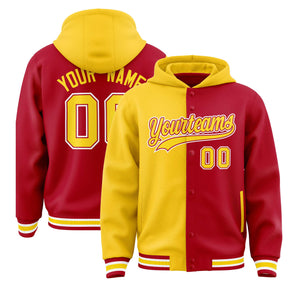 Custom Gold Red Split Fashion Varsity Full-Snap Letterman Two Tone Hoodie Jacket