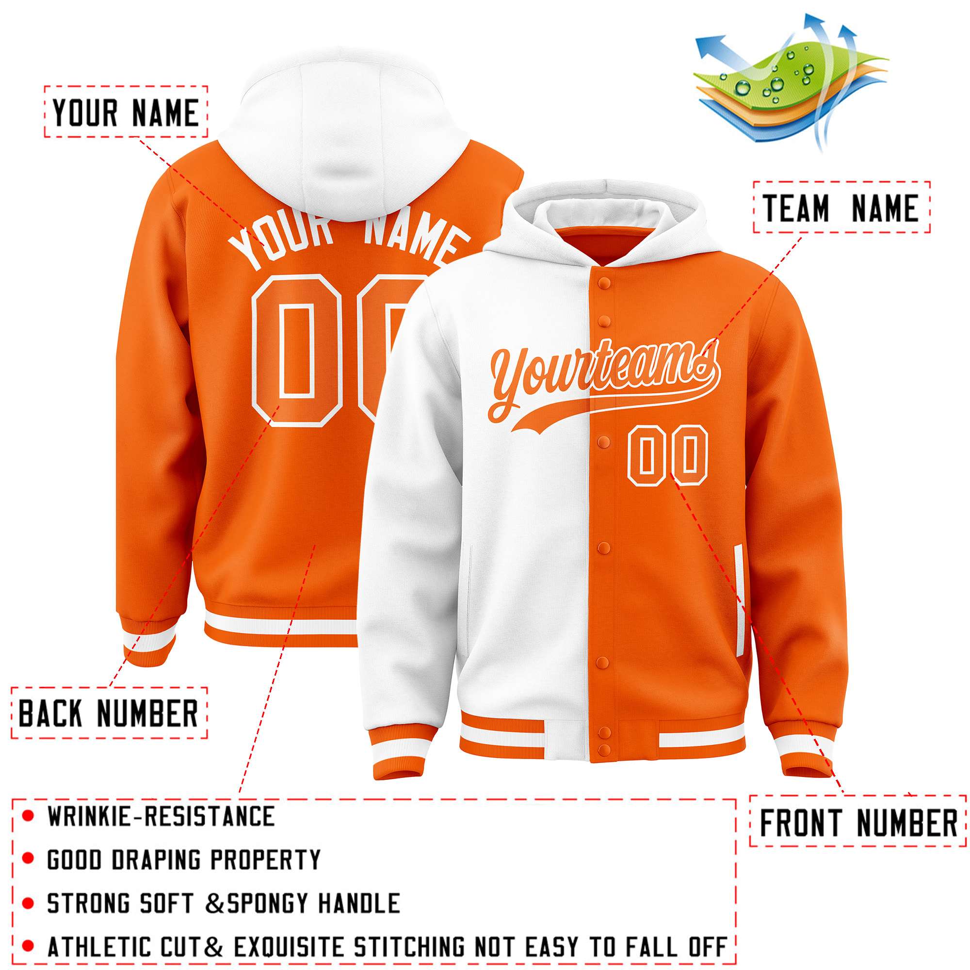 Custom White Orange Split Fashion Varsity Full-Snap Letterman Two Tone Hoodie Jacket