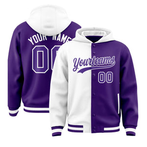 Custom White Purple Split Fashion Varsity Full-Snap Letterman Two Tone Hoodie Jacket