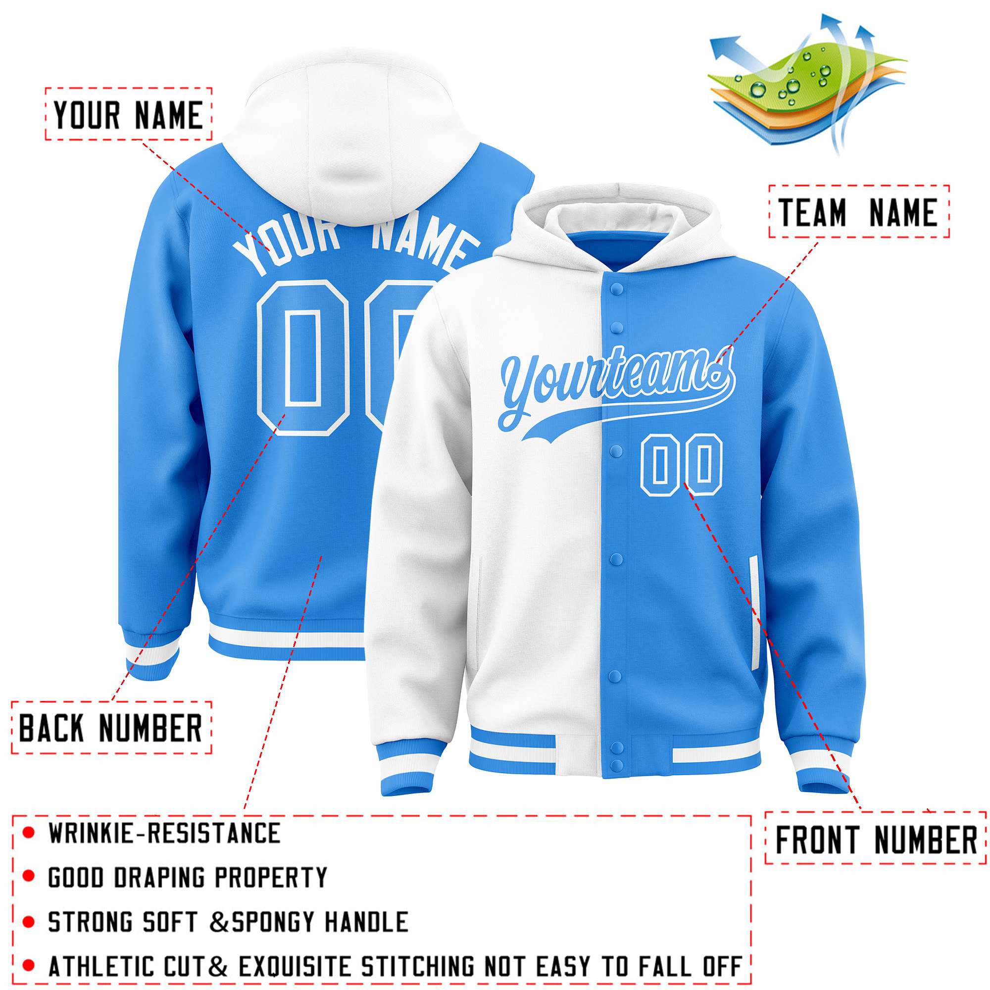 Custom White Powder Blue Split Fashion Varsity Full-Snap Letterman Two Tone Hoodie Jacket