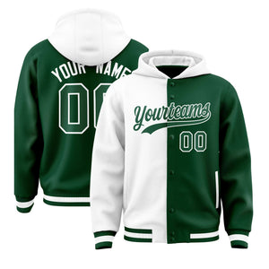 Custom White Green Split Fashion Varsity Full-Snap Letterman Two Tone Hoodie Jacket