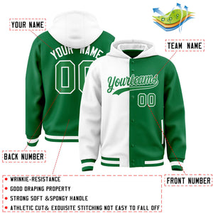 Custom White Kelly Green Split Fashion Varsity Full-Snap Letterman Two Tone Hoodie Jacket