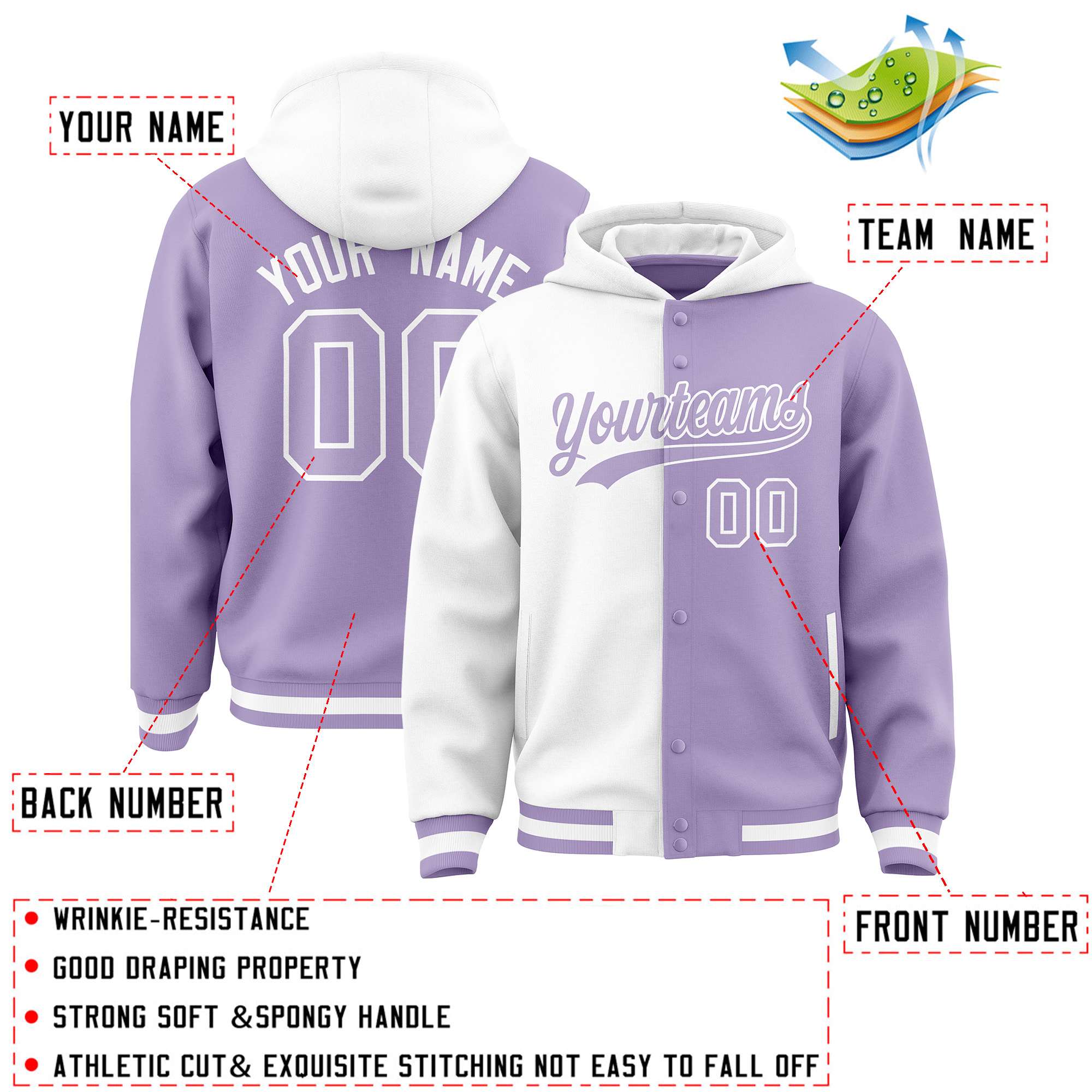 Custom White Light Purple Split Fashion Varsity Full-Snap Letterman Two Tone Hoodie Jacket