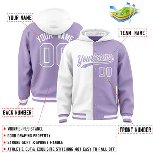 Custom White Light Purple Split Fashion Varsity Full-Snap Letterman Two Tone Hoodie Jacket