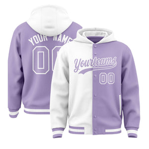 Custom White Light Purple Split Fashion Varsity Full-Snap Letterman Two Tone Hoodie Jacket