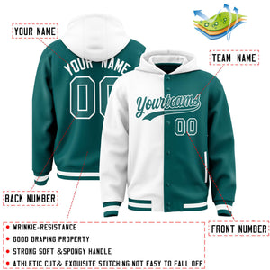 Custom White Aqua Split Fashion Varsity Full-Snap Letterman Two Tone Hoodie Jacket