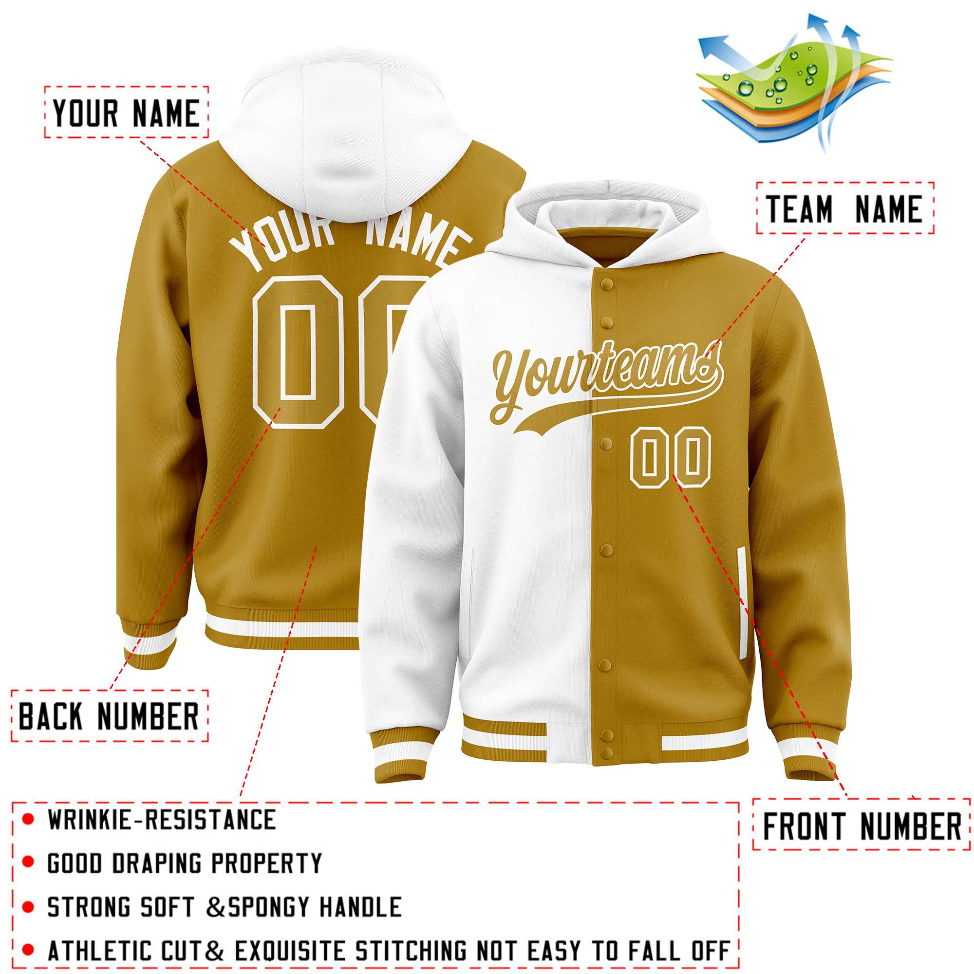 Custom White Old Gold Split Fashion Varsity Full-Snap Letterman Two Tone Hoodie Jacket