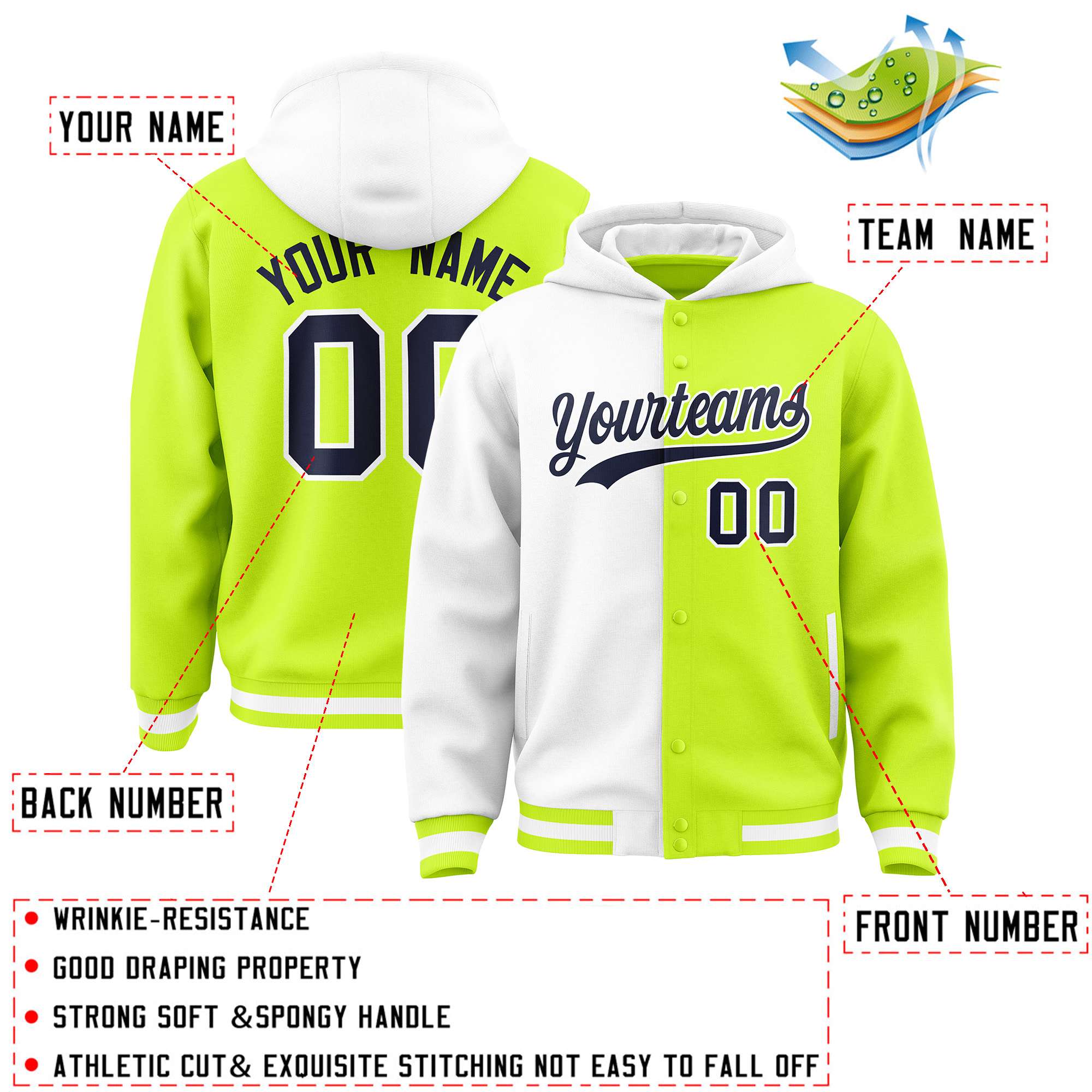 Custom White Neon Green Split Fashion Varsity Full-Snap Letterman Two Tone Hoodie Jacket