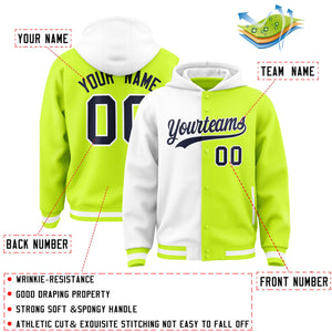 Custom White Neon Green Split Fashion Varsity Full-Snap Letterman Two Tone Hoodie Jacket