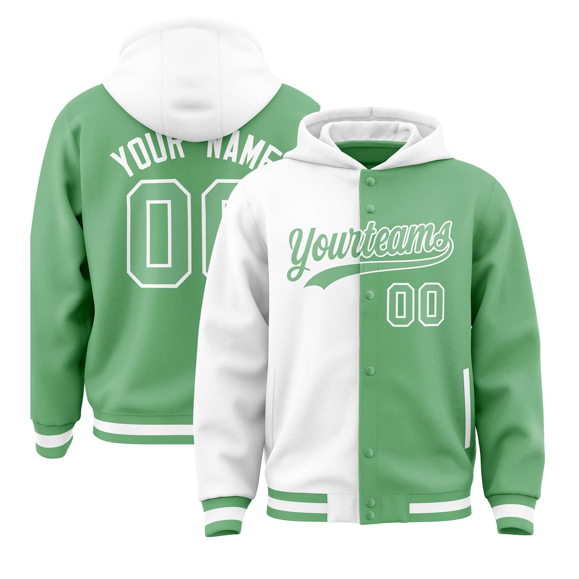 Custom White Green Split Fashion Varsity Full-Snap Letterman Two Tone Hoodie Jacket