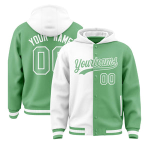 Custom White Green Split Fashion Varsity Full-Snap Letterman Two Tone Hoodie Jacket