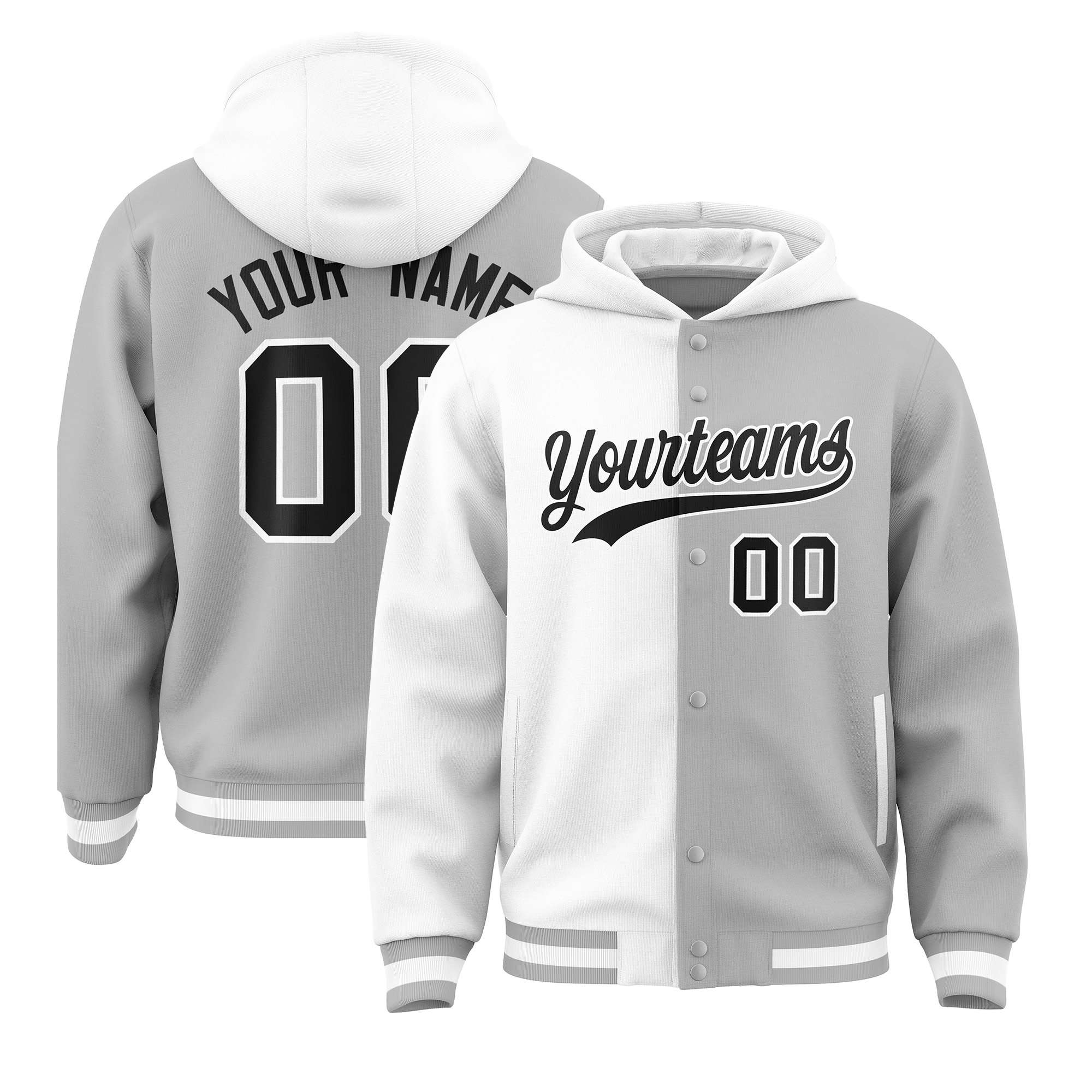 Custom White Gray Split Fashion Varsity Full-Snap Letterman Two Tone Hoodie Jacket