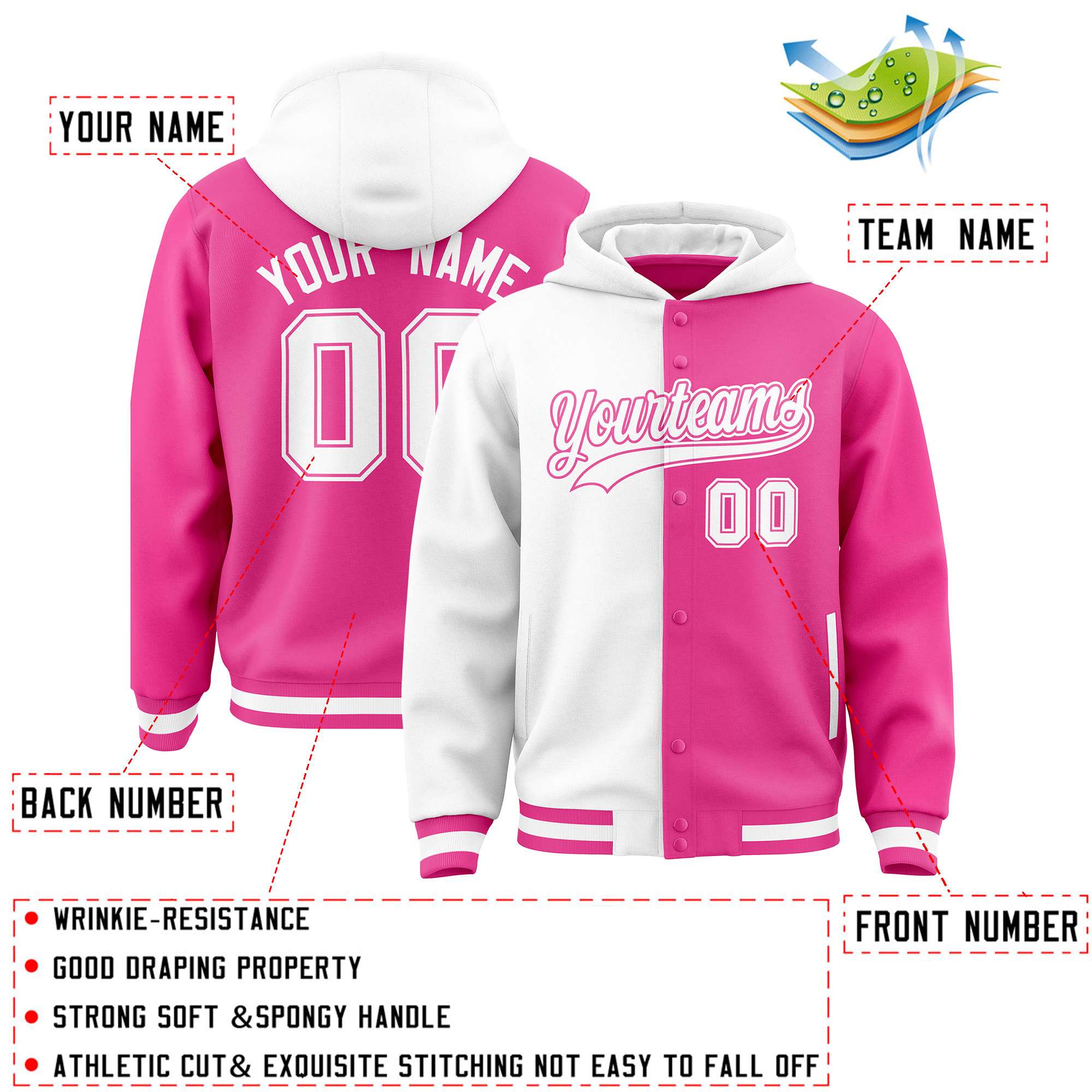 Custom White Pink Split Fashion Varsity Full-Snap Letterman Two Tone Hoodie Jacket