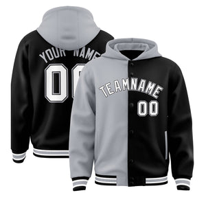 Custom Gray Black Split Fashion Varsity Full-Snap Letterman Two Tone Hoodie Jacket