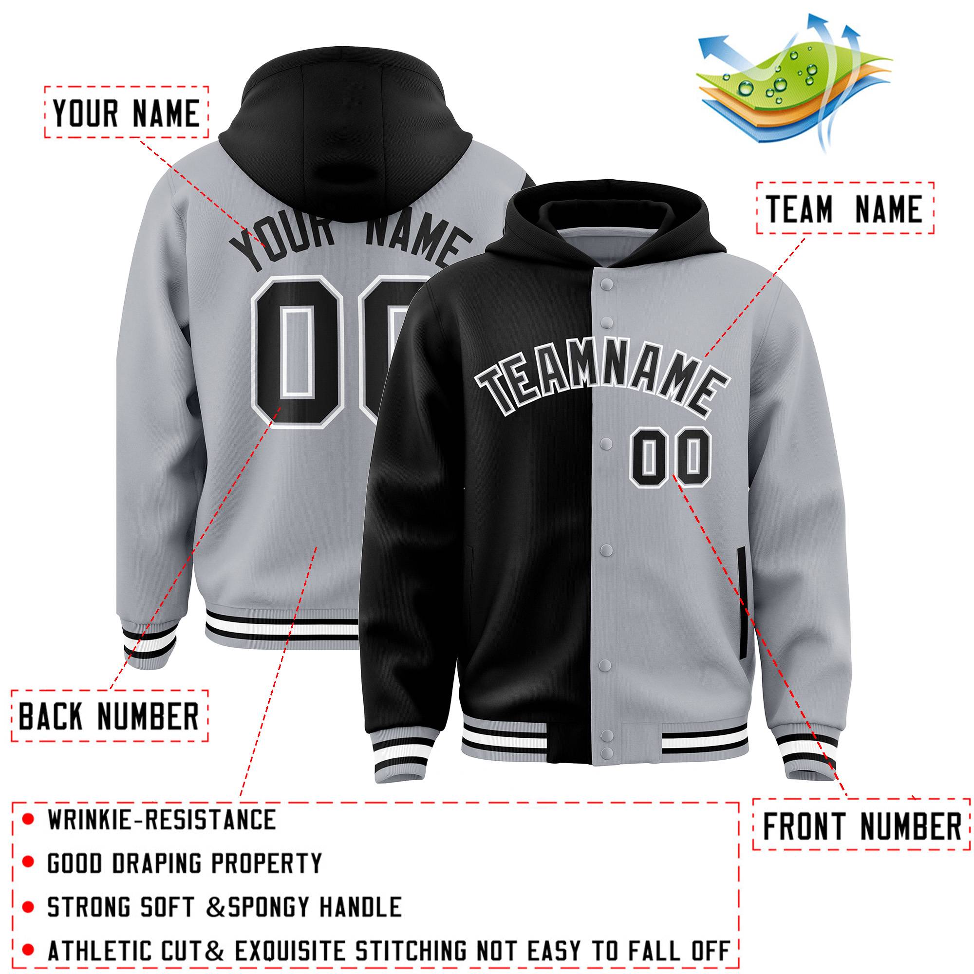 Custom Black Gray Split Fashion Varsity Full-Snap Letterman Two Tone Hoodie Jacket