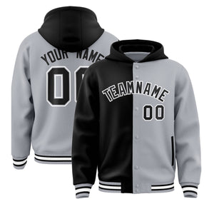 Custom Black Gray Split Fashion Varsity Full-Snap Letterman Two Tone Hoodie Jacket