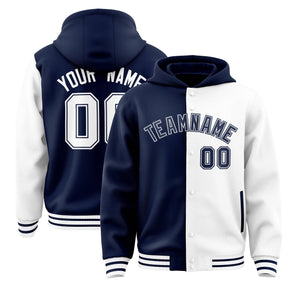 Custom Navy White Split Fashion Varsity Full-Snap Letterman Two Tone Hoodie Jacket