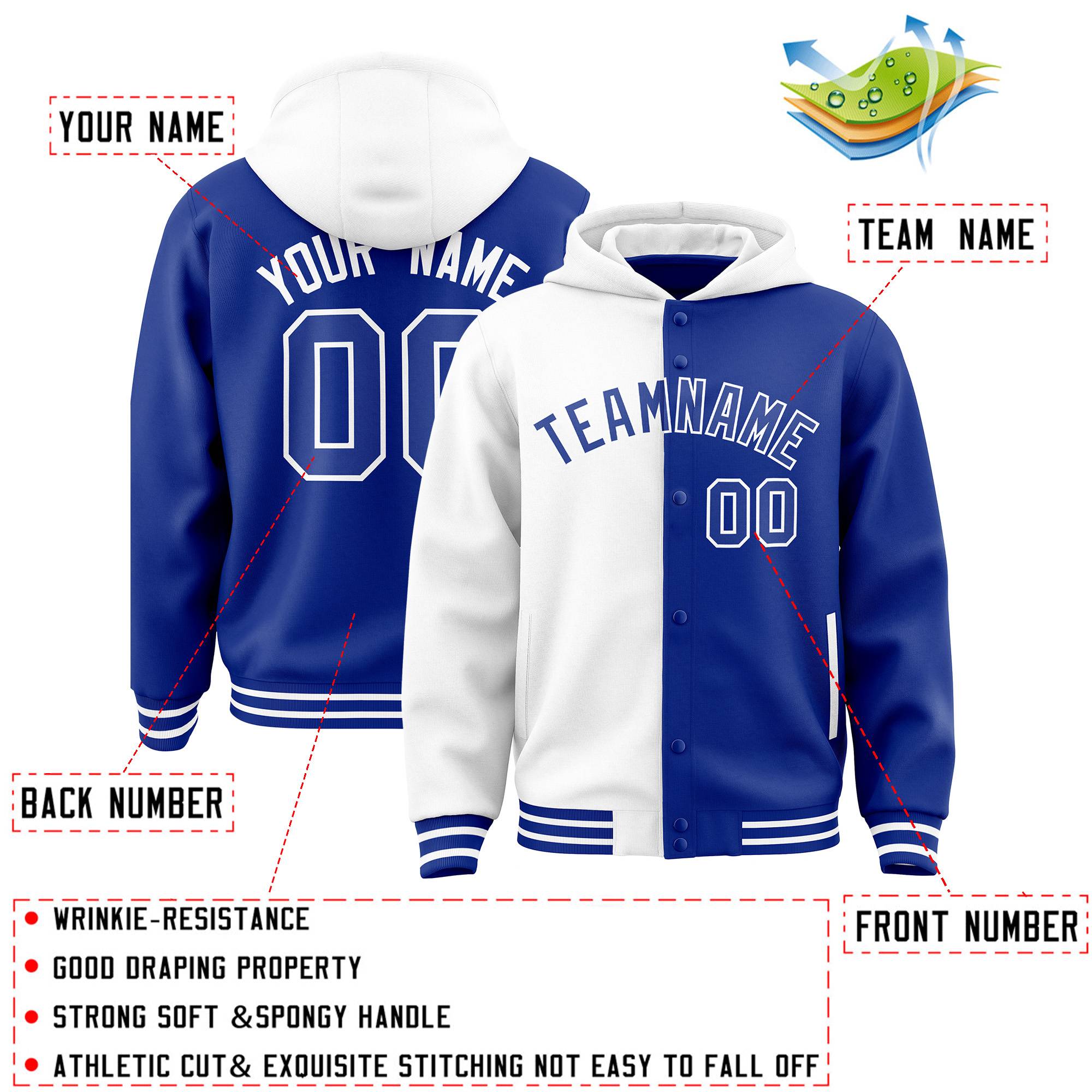 Custom White Royal Split Fashion Varsity Full-Snap Letterman Two Tone Hoodie Jacket