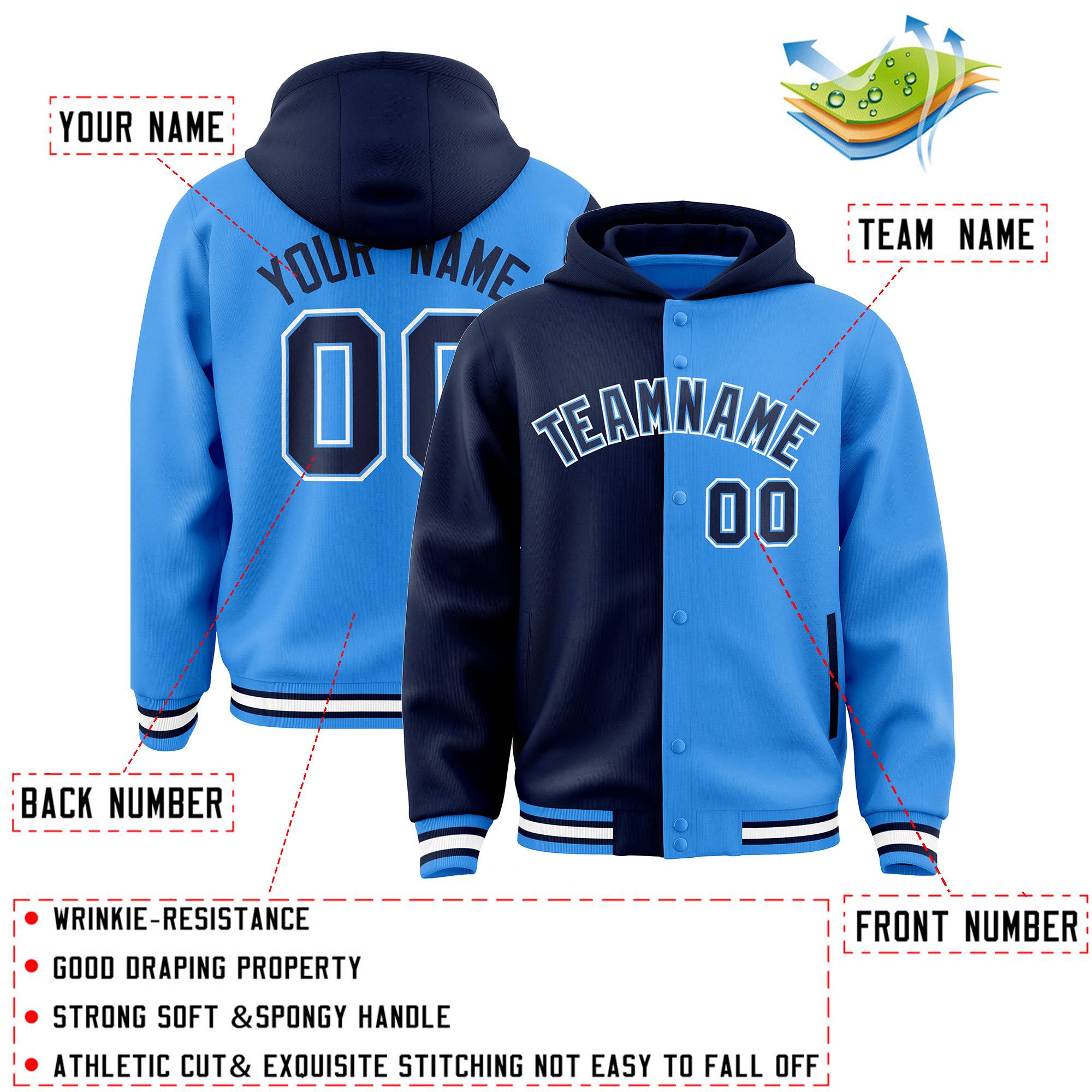 Custom Navy Powder Blue Split Fashion Varsity Full-Snap Letterman Two Tone Hoodie Jacket