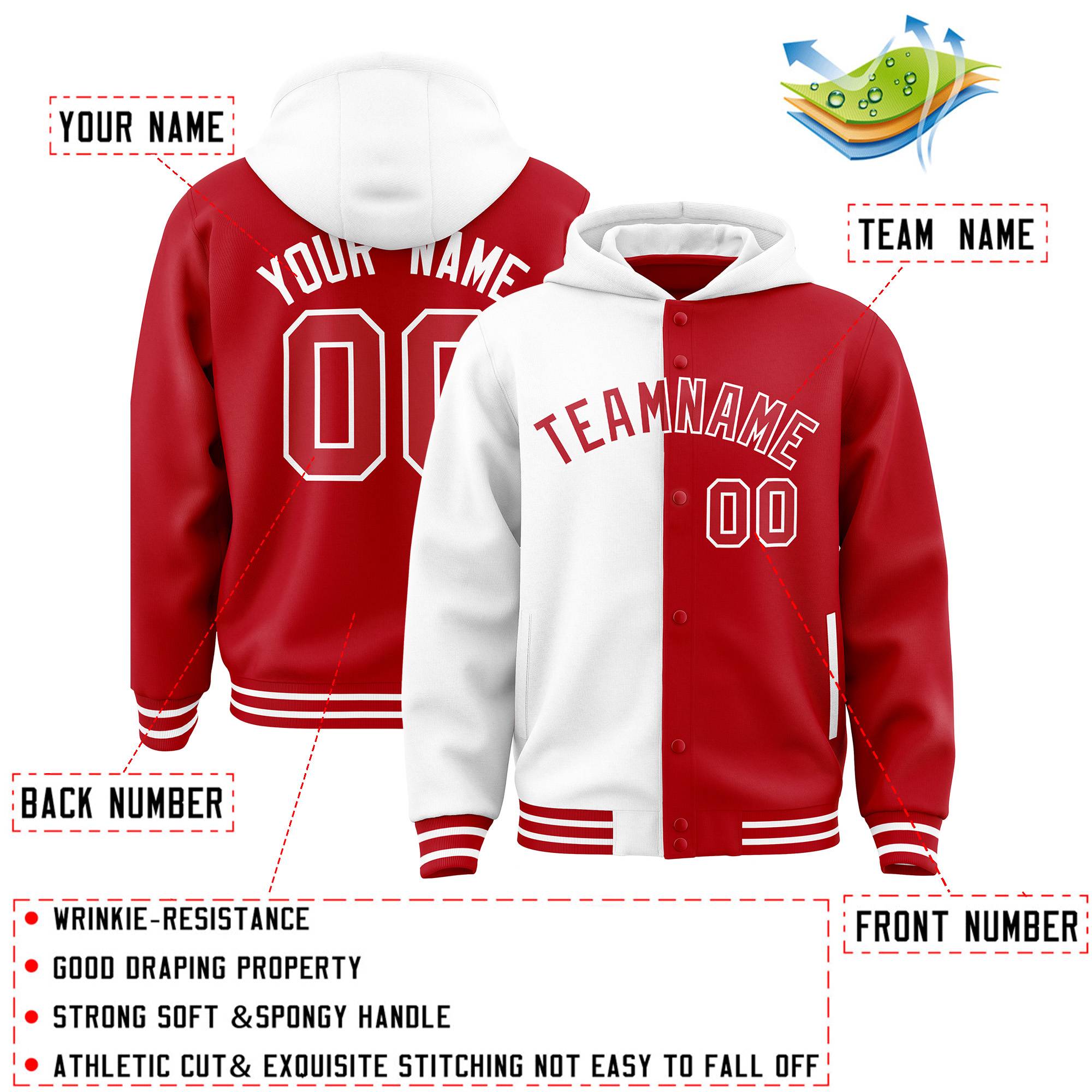 Custom White Red Split Fashion Varsity Full-Snap Letterman Two Tone Hoodie Jacket