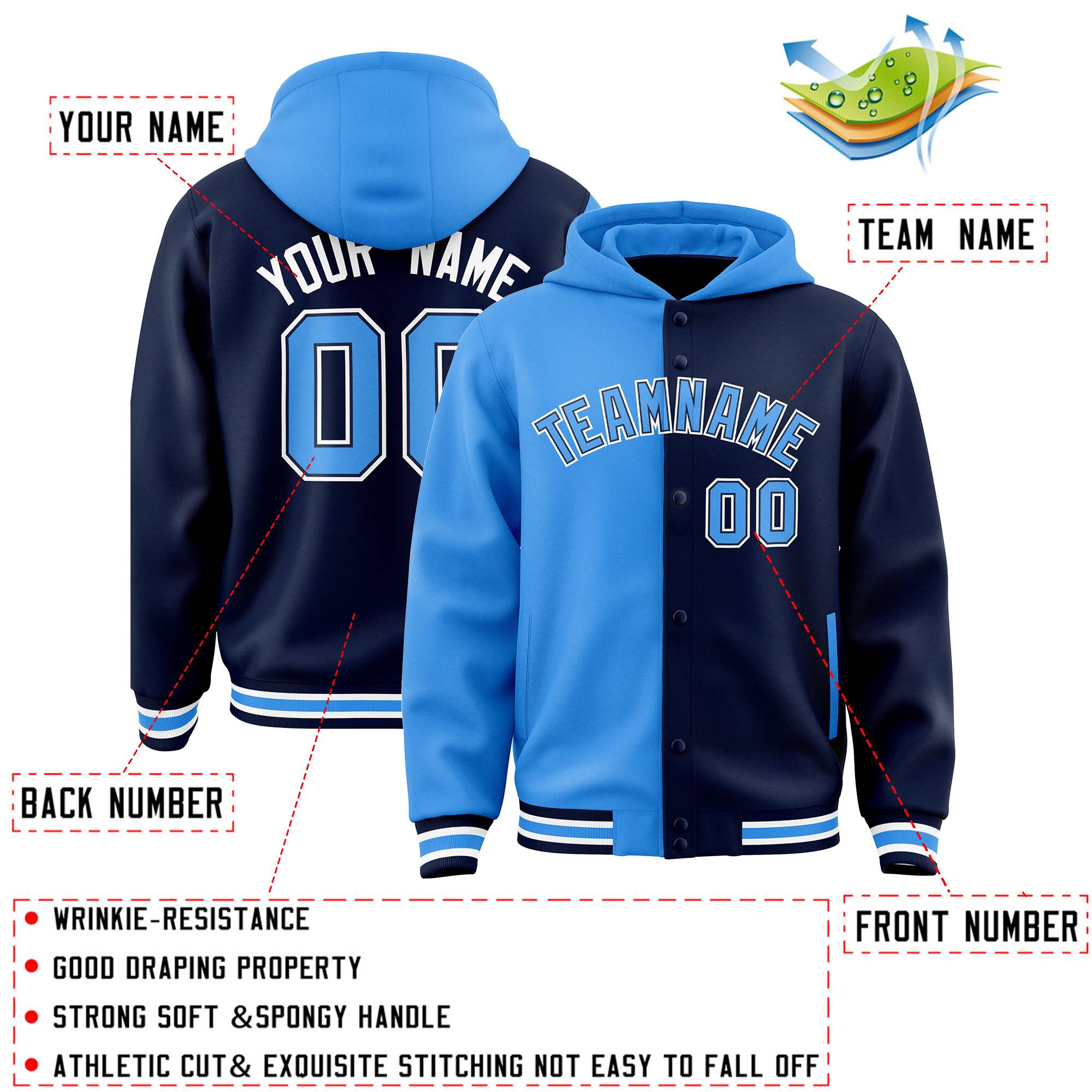 Custom Powder Blue Navy Split Fashion Varsity Full-Snap Letterman Two Tone Hoodie Jacket