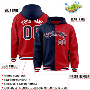 Custom Navy Red Split Fashion Varsity Full-Snap Letterman Two Tone Hoodie Jacket