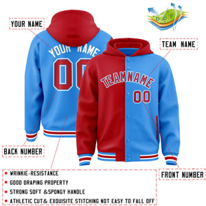 Custom Red Powder Blue Split Fashion Varsity Full-Snap Letterman Two Tone Hoodie Jacket