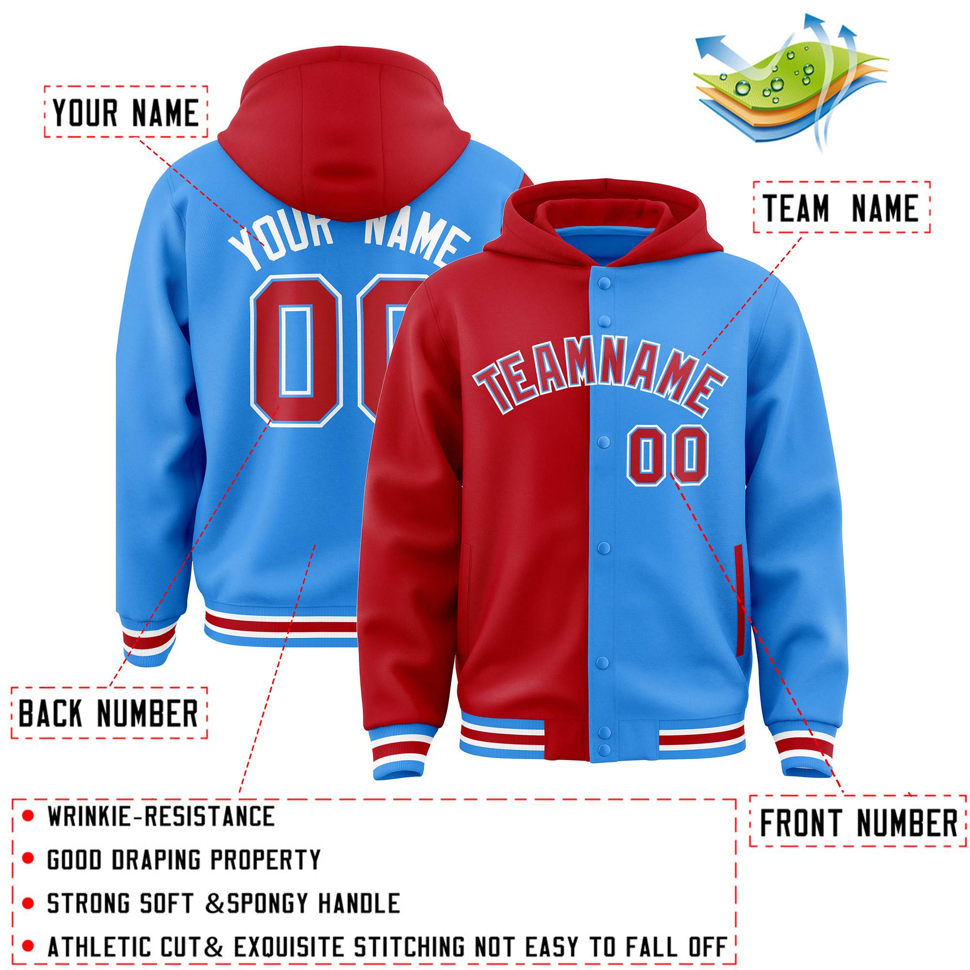 Custom Red Powder Blue Split Fashion Varsity Full-Snap Letterman Two Tone Hoodie Jacket