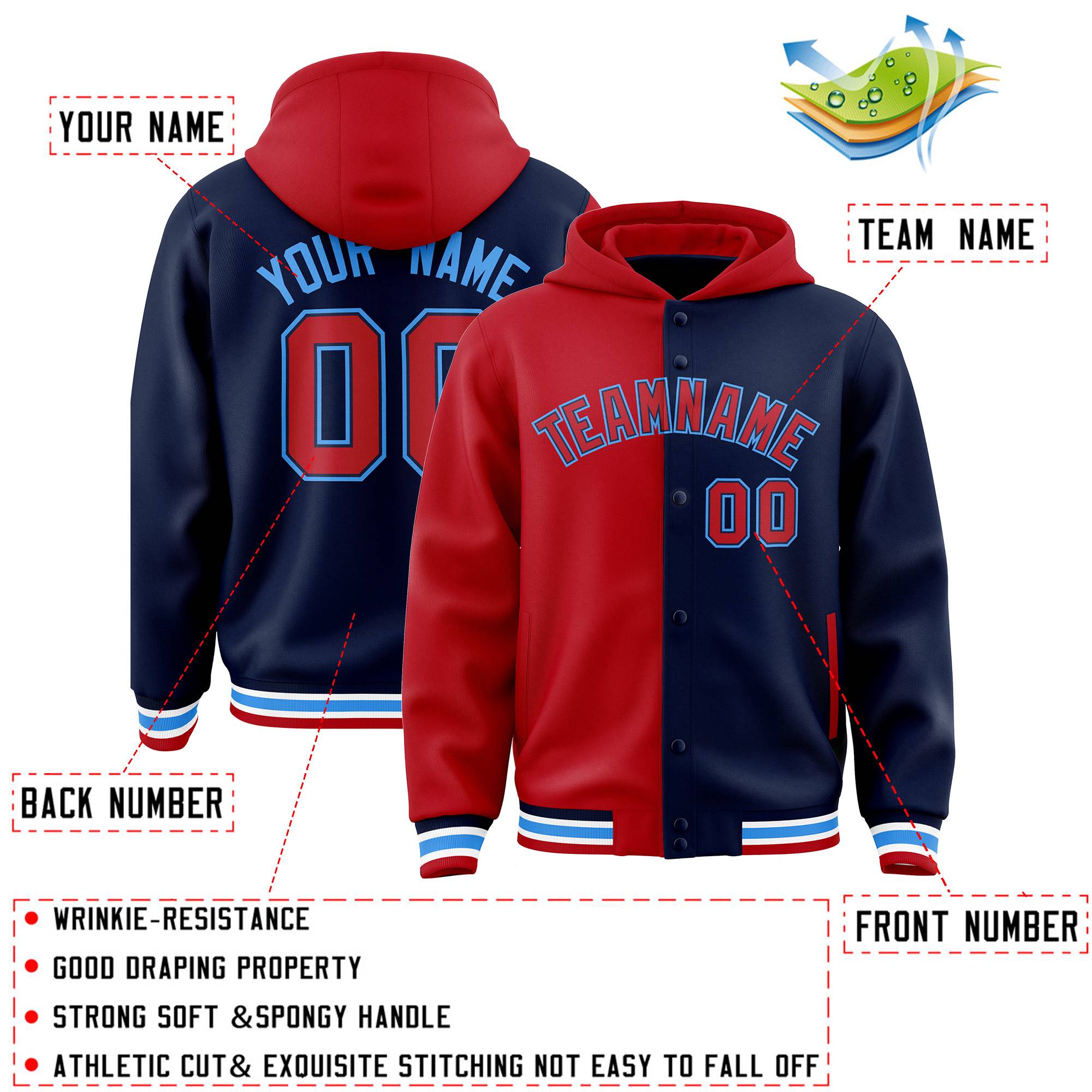 Custom Red Navy Split Fashion Varsity Full-Snap Letterman Two Tone Hoodie Jacket