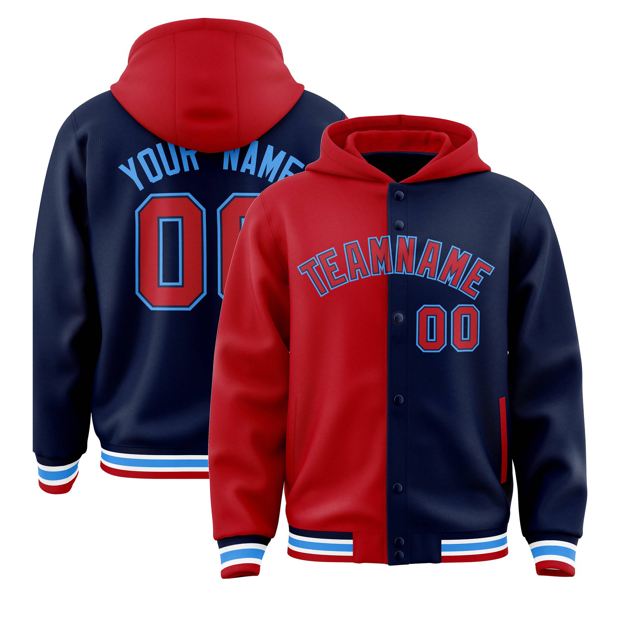 Custom Red Navy Split Fashion Varsity Full-Snap Letterman Two Tone Hoodie Jacket