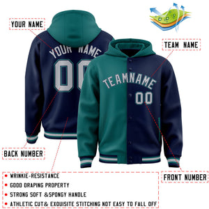 Custom Aqua Navy Split Fashion Varsity Full-Snap Letterman Two Tone Hoodie Jacket