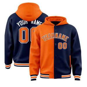 Custom Orange Navy Split Fashion Varsity Full-Snap Letterman Two Tone Hoodie Jacket